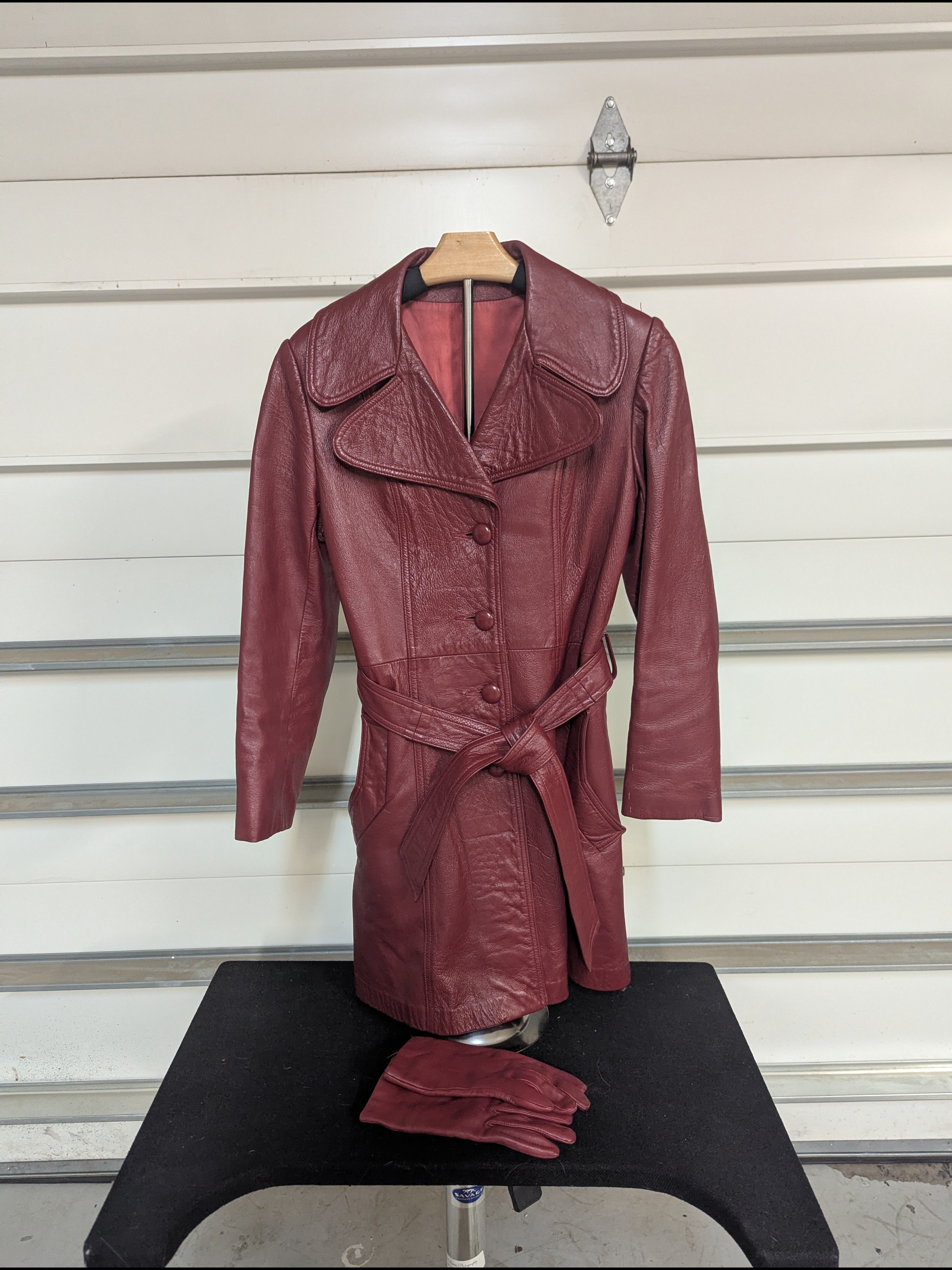 Women's Vintage Burgundy Leather Trench Coat With Belt